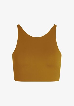 Senovinis geltonas trumpas tanko viršus su lygia tekstūra, plačiomis petnešomis ir apvaliu kaklu, sukurtas komfortui ir judėjimo laisvei.