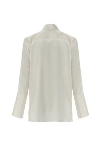 Helle Seidenbluse mit glatter Textur, langen Ärmeln und klassischem Kragen. Verfügt über eine geknöpfte Rückseite und Falten für gestalterische Details.