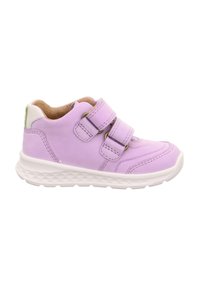 Purple leather sneaker with double hook-and-loop straps, white rubber sole, and tan insole. Rounded toe and textured detailing on the upper.