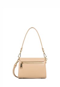 Borsa a mano in pelle beige con una forma strutturata, manico superiore, tracolla removibile e una tasca frontale con zip. Accenti in metallo dorato.