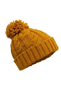 Knitted yellow beanie hat with a large pom-pom on top, featuring a textured cable pattern and a ribbed cuff for snug fit.