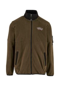 Olivinvihreä fleece-takki, jossa on musta vetoketjuläppä, sivutaskut mustilla yksityiskohdilla ja brodeerattu "UNFAIR"-logo rinnassa.
