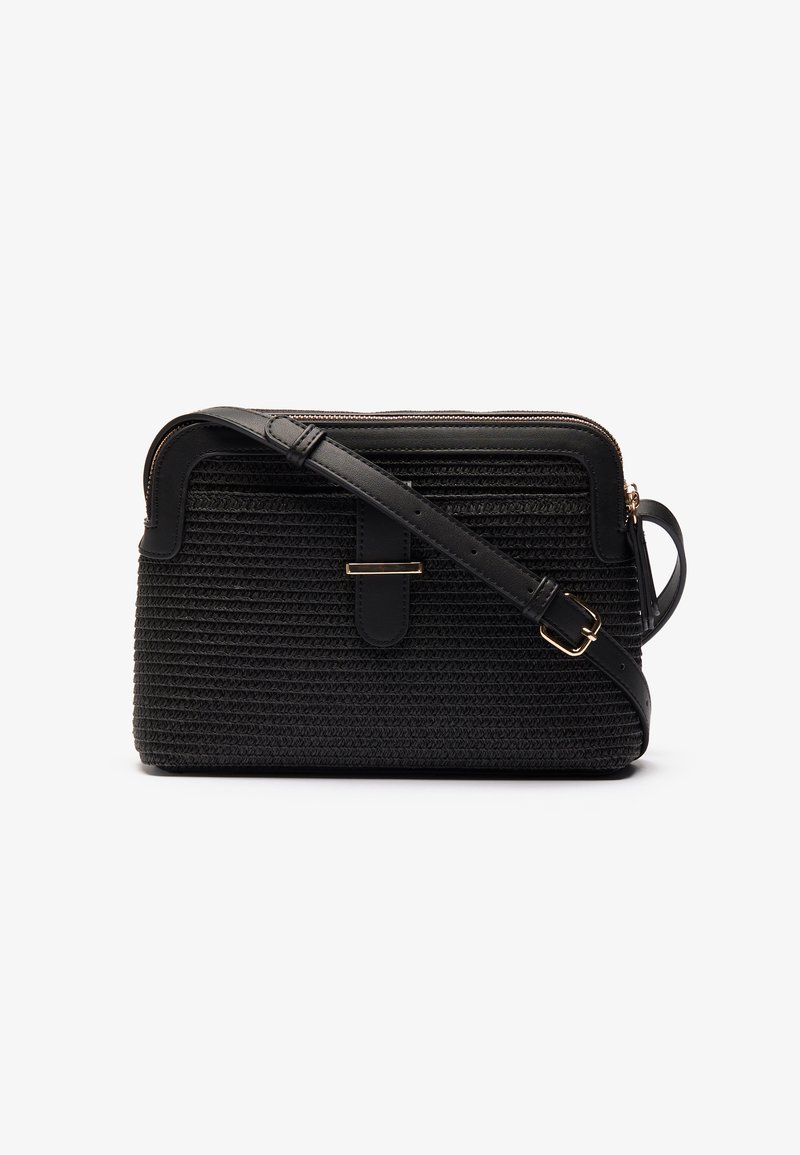 Black crossbody bag with a textured woven design, leather accents, zip closure, and adjustable strap featuring a gold-tone hardware detail.