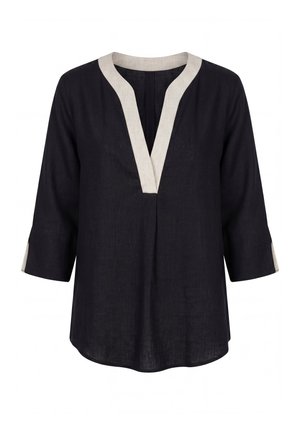 Zwarte tuniek met lange mouwen, witte V-hals en witte accenten op de mouwboorden, gemaakt van lichtgewicht stof.