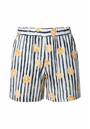 Gestreifte Shorts in Weiß und Schwarz mit Mustern von orangenen Zitronenscheiben, mit elastischem Bund und lockerer Passform. Weicher Stoff.