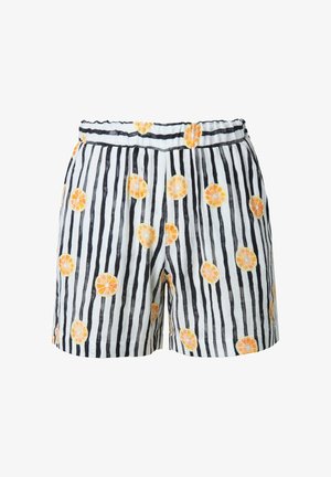 Gestreepte shorts in wit en zwart met patronen van sinaasappel- en citroenschijfjes, voorzien van een elastische tailleband en een losse pasvorm. Zachte textuur.