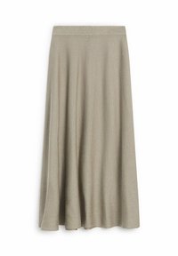  Lichtbeige midi-rok van een zachte, vloeiende stof. Beschikt over een brede tailleband en een zacht uitlopende Silhouette zonder zichtbare patronen of hardware.
