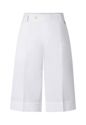 White knee-length tailored shorts with a button closure, belt loops, and front creases against a white background.