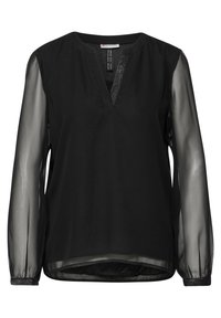 Svart blus med V-ringning, långa genomskinliga ärmar och rak fåll. Tillverkad av lättviktsmaterial med en mjuk textur.