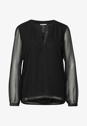 Schwarze Bluse mit V-Ausschnitt, langen transparenten Ärmeln und geradem Saum. Hergestellt aus leichtem Stoff mit glatter Textur.