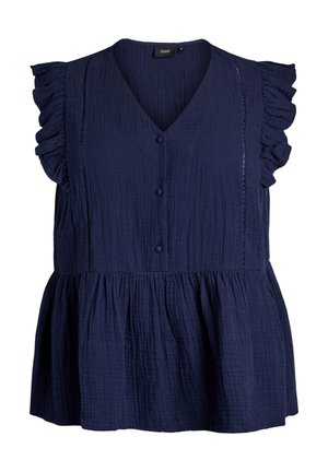 Tmavomodrá tielková blúzka s nariasenými ramenami, výstrihom do V, troma gombíkmi potiahnutými látkou, textúrovanou látkou a detailom peplum v páse.
