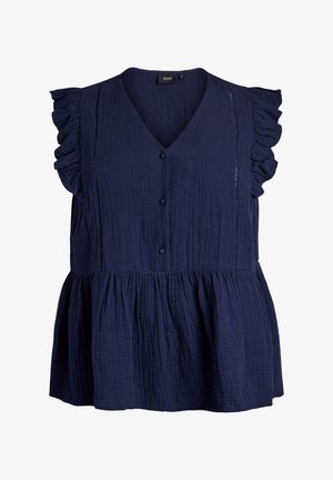Blouse sans manches bleu marine avec épaules à volants, col en V, trois boutons recouverts de tissu, tissu texturé et détail peplum à la taille.