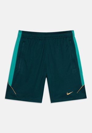 Short de sport vert foncé avec des panneaux latéraux bleu sarcelle, des accents dorés, des poches latérales et un logo Nike doré sur la jambe gauche.