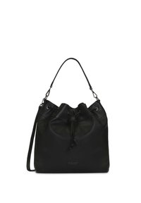Black leather bucket bag with a drawstring closure and adjustable strap. Textured surface and embossed logo on the front.