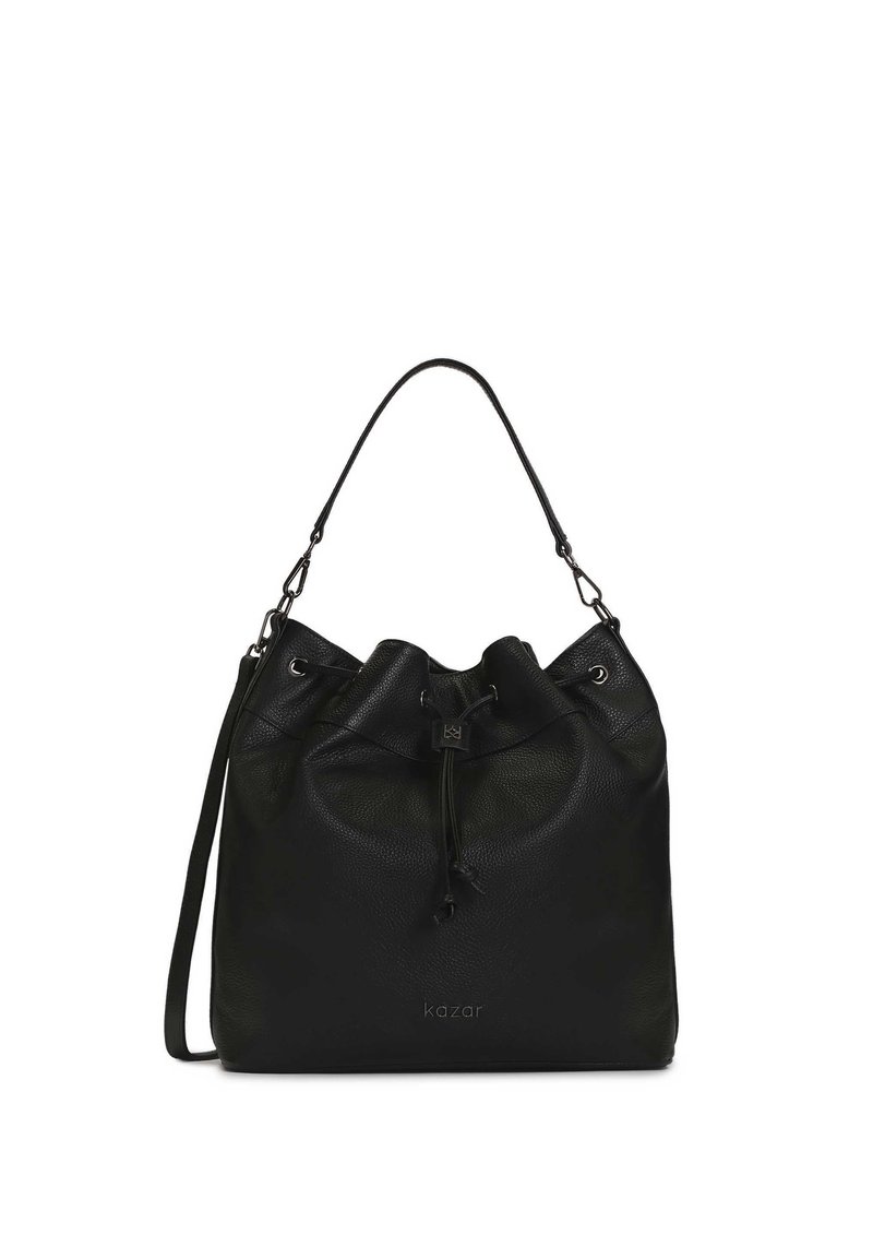 Black leather bucket bag with a drawstring closure and adjustable strap. Textured surface and embossed logo on the front.