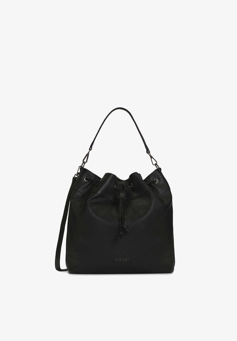 Black leather bucket bag with a drawstring closure and adjustable strap. Textured surface and embossed logo on the front.