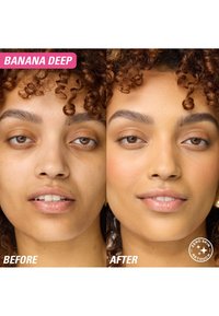 Dos retratos en primer plano de una persona uno al lado del otro. A la izquierda, se muestra la piel con imperfecciones; a la derecha, se muestra un cutis más suave y de tono uniforme. Etiquetas de texto "Antes" y "Después".