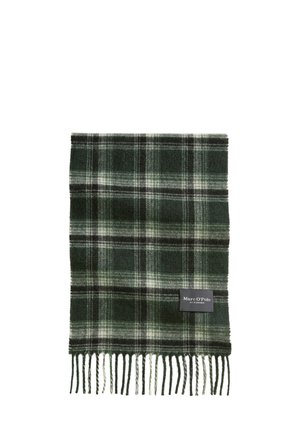 Plaid scarf in dark green and white, made of soft material, with fringed edges and a black label featuring white text.