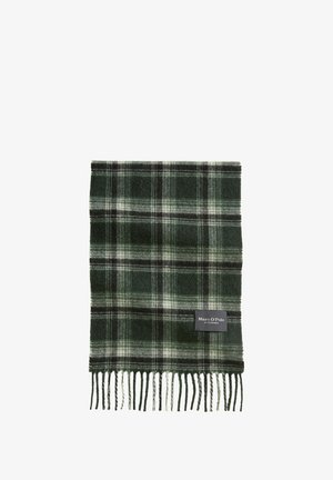 Karierter Schal in Dunkelgrün und Weiß, aus weichem Material, mit fransigen Kanten und einem schwarzen Etikett mit weißem Text.