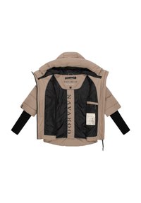 Beige pufferjack met een zwarte voering, voorzien van een hoge kraag, korte mouwen, ritszakken en een label aan de binnenzijde.