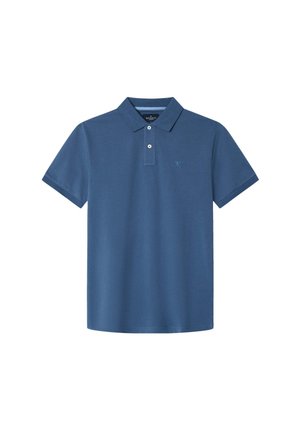 Blå polo t-shirt i bomull, med krage, tvåknappsstängning och en liten broderad logotyp på vänster bröst. Korte ärmar.