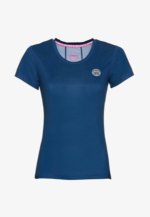 Námořnicky modré atletické tričko s krátkými rukávy, kulatým výstřihem, síťovinovým materiálem a jemným logem na hrudi. Lehký a přiléhavý střih.