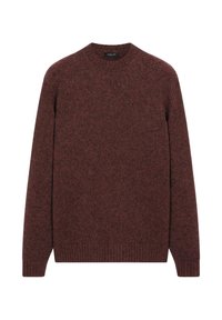 Sweter z okrągłym dekoltem w głębokim burgundowym kolorze, z ribbowanymi mankietami i dołem, o strukturalnym wykończeniu i klasycznym kroju.