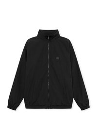 Sort vindjakke, let vævning, fuld frontlynlås, høj krave, elastiske manchetter og kant, to sidelommer, minimal branding.