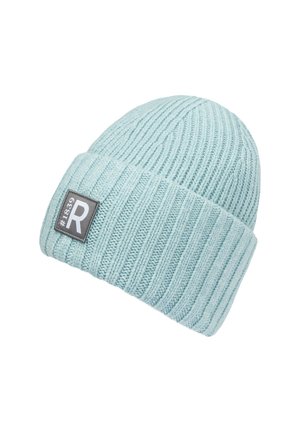 Light blue knitted beanie hat with a ribbed texture. Features a folded cuff and a rectangular label with "#1839" and "R" branding.