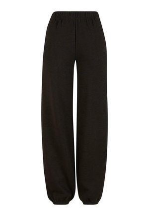 Schwarze weite Sweatpants aus weichem Material, mit einem elastischen Bund und elastischen Bündchen an den Knöcheln für eine bequeme Passform.