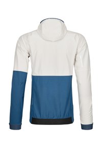Hooded jacket with a white upper and blue lower section. Features elastic cuffs and a textured lower hem with a dark accent.