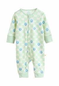 Helles grünes Baby-Overall mit kariertem Muster und blauen Smiley-Gesichtern. Weicher Stoff, lange Ärmel und Frontreißverschluss.