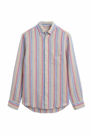 Camicia a righe con tessuto morbido in tonalità blu, giallo e rosso. Presenta una tasca sul petto e un colletto classico.