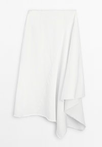 White asymmetrical skirt with frayed edges, featuring an angled design and layered draped fabric on one side.