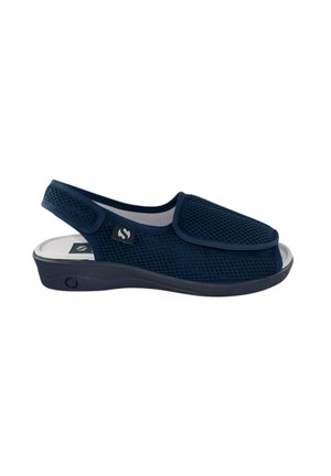 Sandalia ortopédica azul marino de punta abierta con tira ajustable de velcro y parte superior de malla transpirable, suela acolchada para comodidad y soporte.