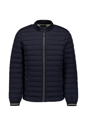 Marineblauwe doorgestikte jas met een ritssluiting aan de voorkant, een kraag met drukknopen, twee zijzakken en elastische manchetten met witte streepdetails.