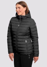Chaqueta acolchada negra con cremallera frontal, capucha ajustable y patrón de costuras horizontales. Cuenta con bolsillos laterales y logo en la manga.