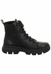 Stivali ankle in pelle nera con lacci frontali, zip laterale, superficie testurizzata e suola in gomma spessa con battistrada definito.