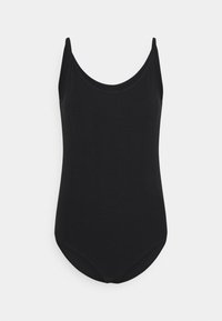 Svart baddräkt med scoop-halsringning, tunna axelremmar och en slät textur med en åtsittande siluett.