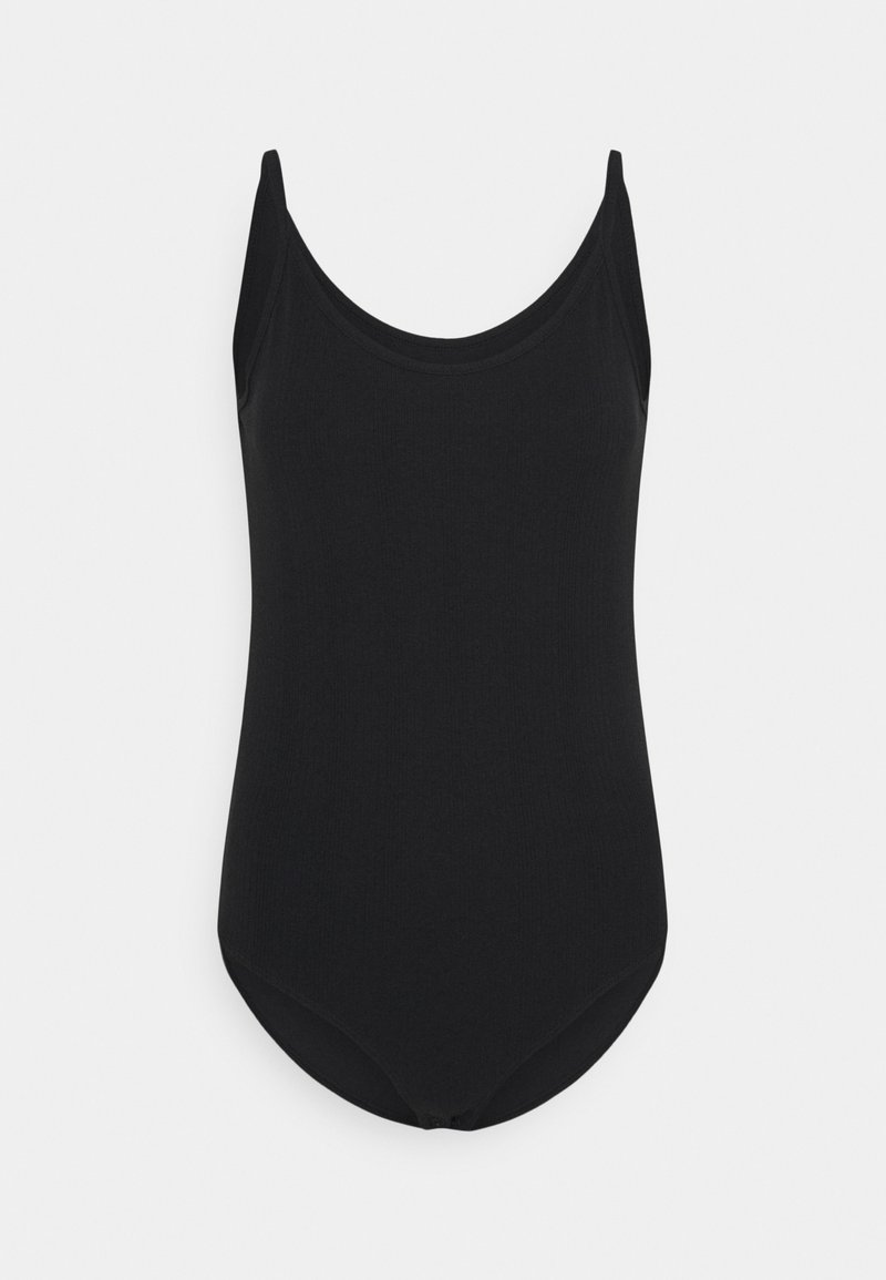 Svart baddräkt med scoop-halsringning, tunna axelremmar och en slät textur med en åtsittande siluett.