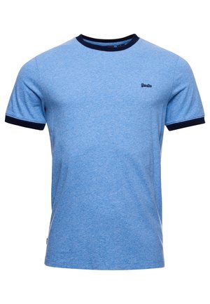Lyseblå T-shirt med korte ærmer og rund hals, mørkeblå ærmekanter og krave, lille broderet logo på venstre bryst.