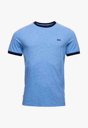 Lichtblauw T-shirt met korte mouwen en ronde hals, donkerblauwe mouwboorden en kraag, klein geborduurd logo op de linkerborst.