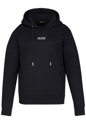 Felpa nera con tasca a canguro frontale, coulisse e logo "MCM" ricamato al centro del petto.