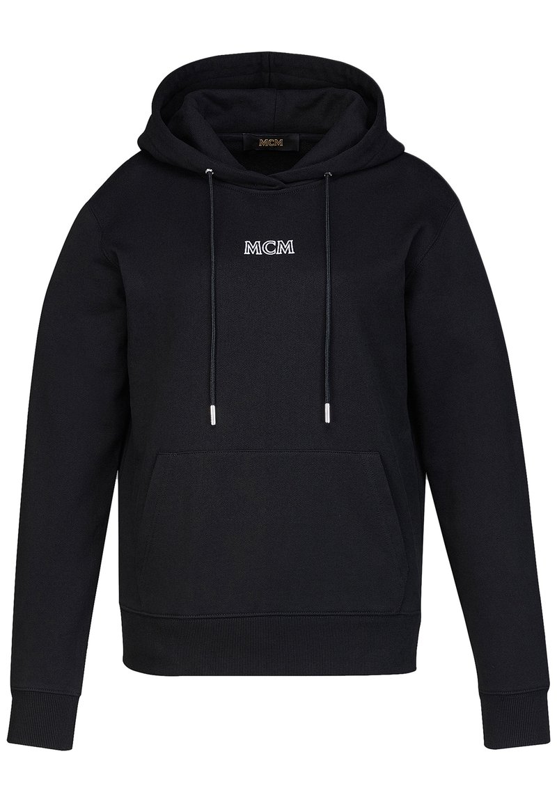 Felpa nera con tasca a canguro frontale, coulisse e logo "MCM" ricamato al centro del petto.