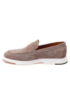 Gray suede slip-on shoe with a smooth rounded toe, leather accents, and a white rubber sole. No visible patterns or hardware.