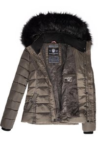 Olive puffer jacket with a fur-lined hood, featuring quilted texture, front pockets, and a soft, plush interior. Label inside with brand details.