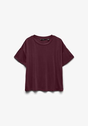 Bordeaux T-shirt met korte mouwen, ronde hals, zachte textuur, losse pasvorm en minimale stikdetails langs de zoom en mouwen.