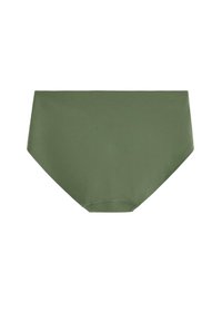 Grøn høj talje bikini bund lavet af glat stof, med enkle, rene linjer og ingen synlige mønstre eller forskønnelser.