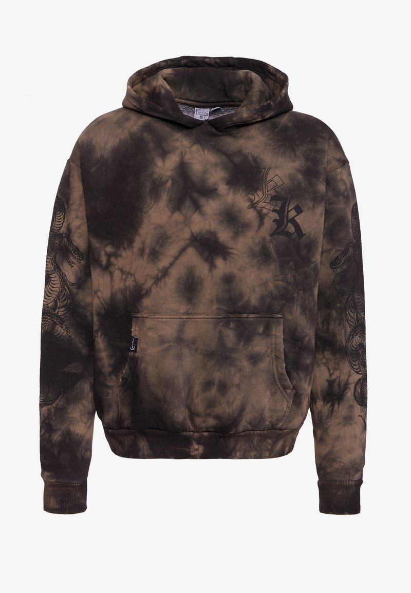 Sweat à capuche avec motif tie-dye marron et noir, poche avant et lettres gothiques noires "LK" sur la poitrine, motifs de dragons sur les manches.