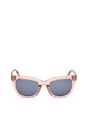Transparent pink sunglasses with gray lenses, oversized cat-eye shape, featuring patterned arms and visible hardware accents.